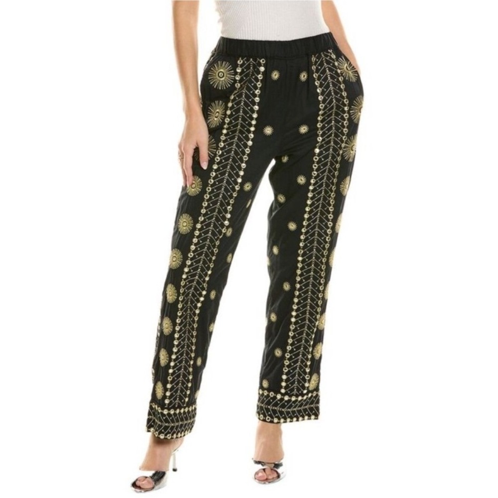 Farm Rio Women's Sun Embroidered Straight Leg Pants Black XS